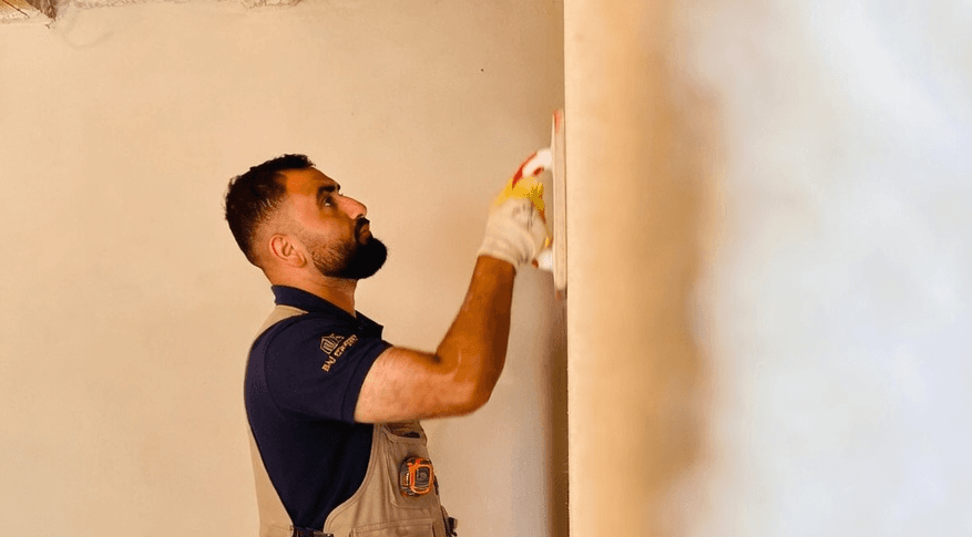 Ufuk Dumrul beim Verputzen einer Wand